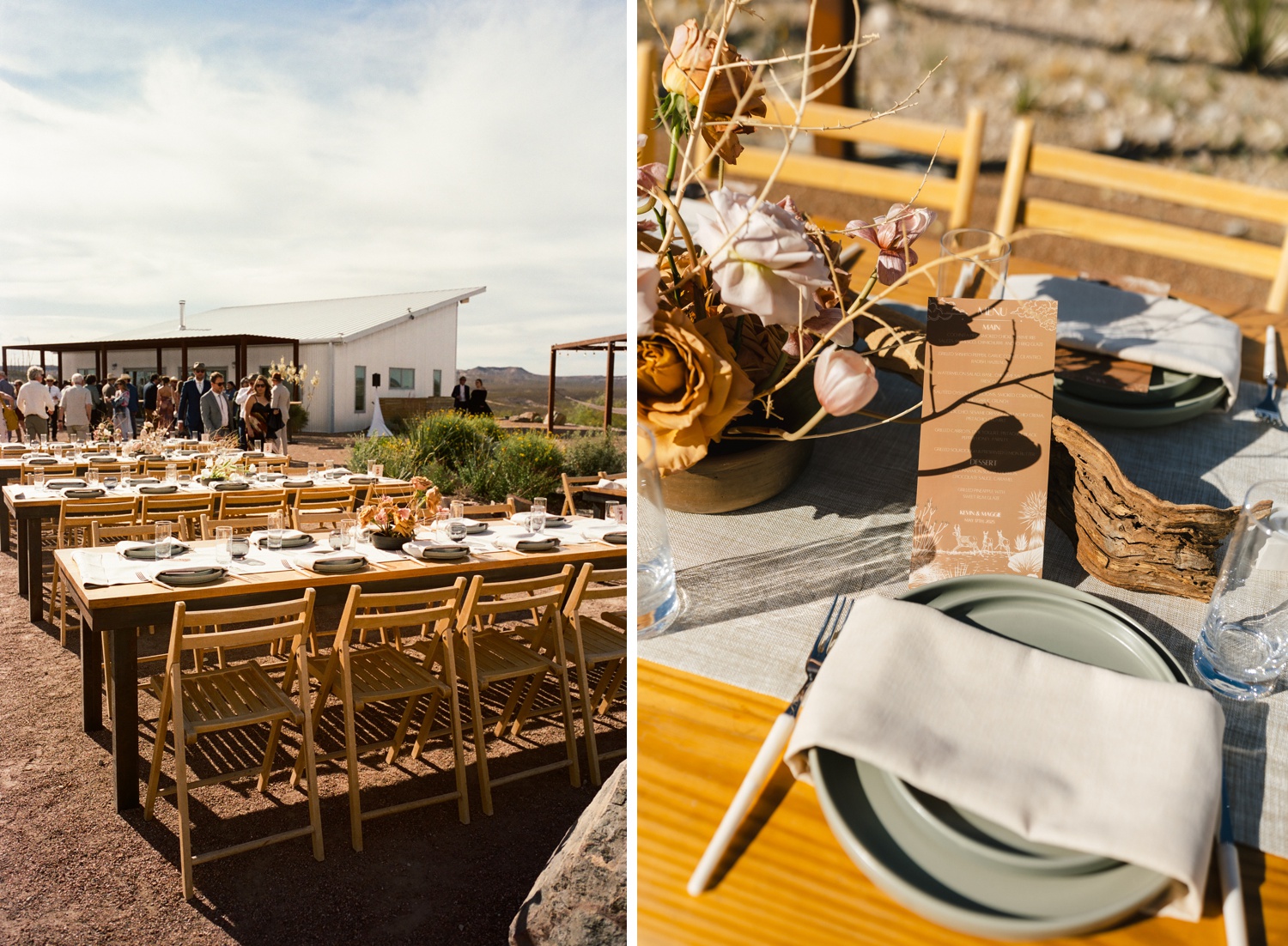 Table setting with sage plates and white linens for a Marfa wedding
