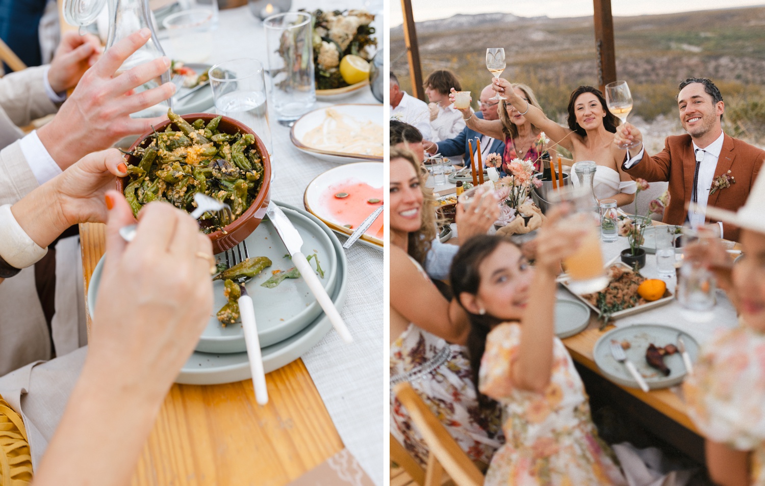 Bride and groom eating an outdoor dinner with their wedding guests