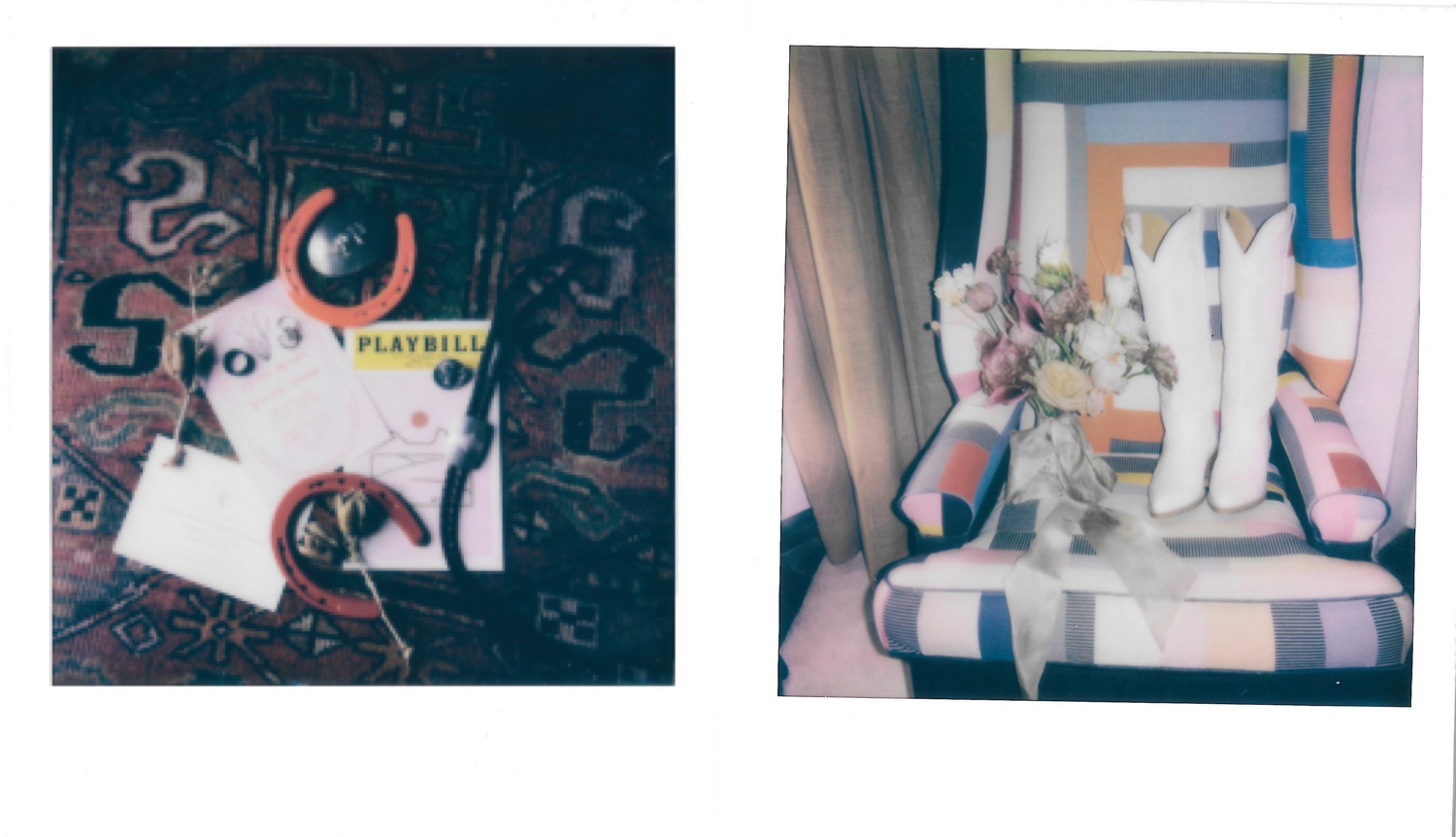 Polaroid of white cowgirl boots and a mauve and cream bridal bouquet by Open Road Florals