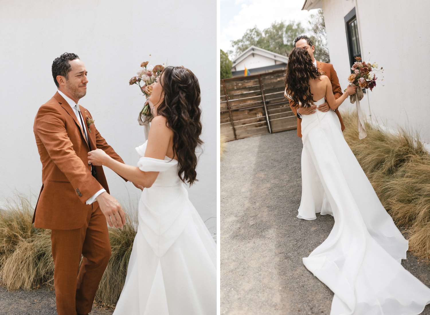 Wedding first look outside Corte del Norte in Marfa, TX