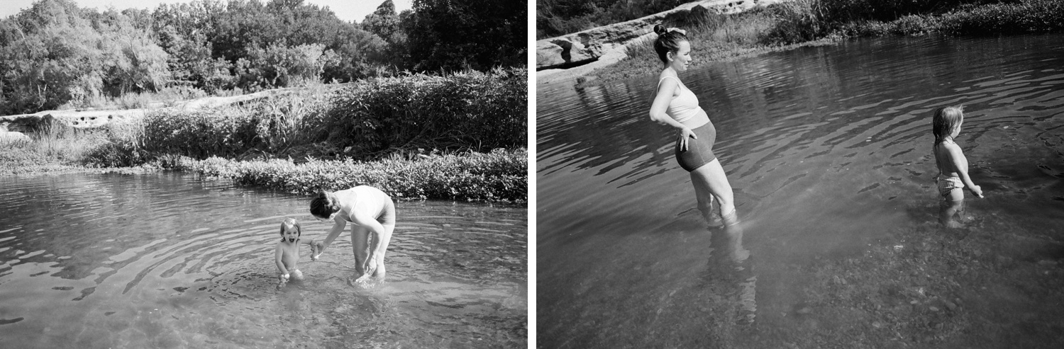 Black and white film portraits of a mother and her toddler at McKinney Falls State Park