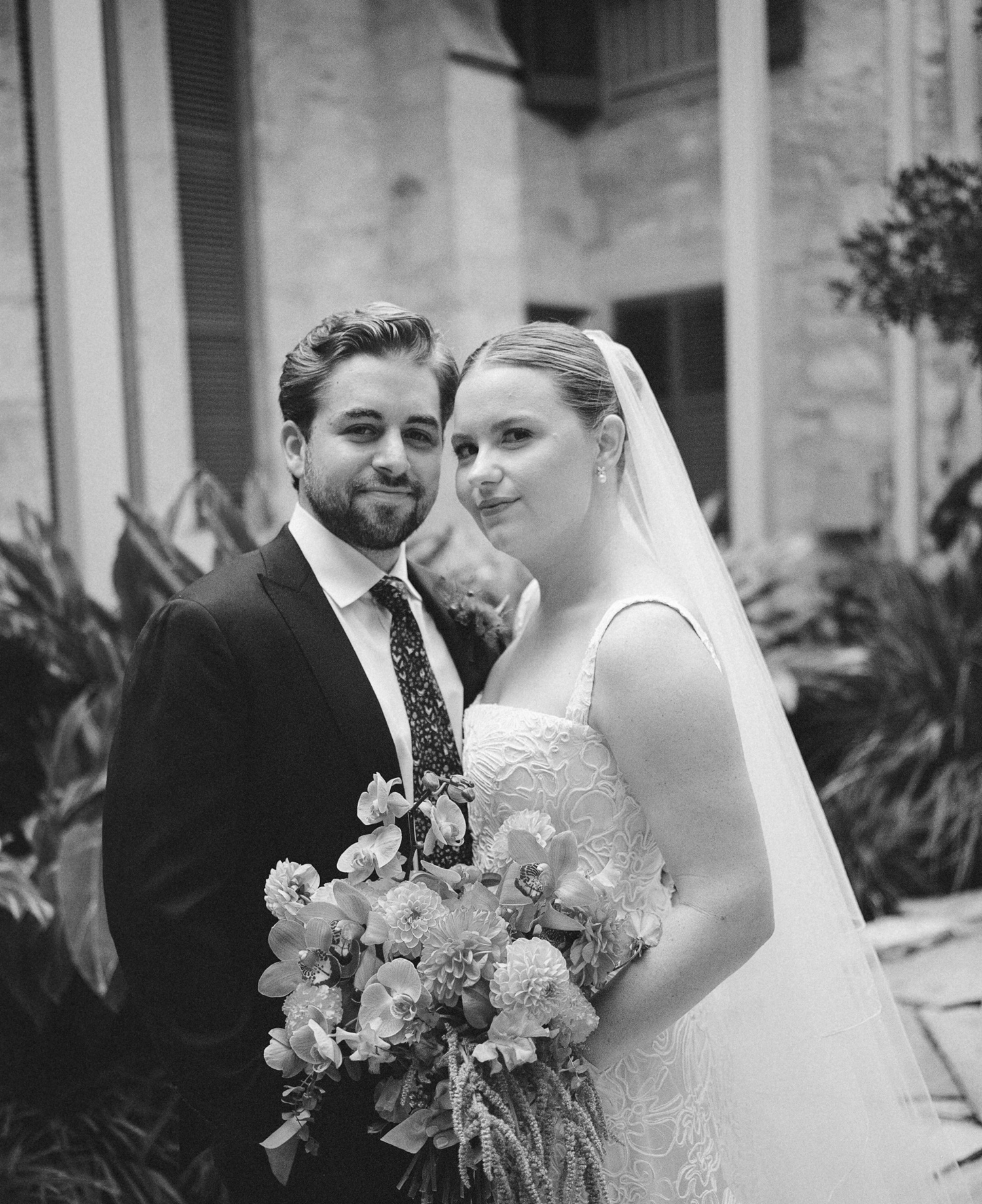 Black and white bridal portrait at the Southwest School of Art