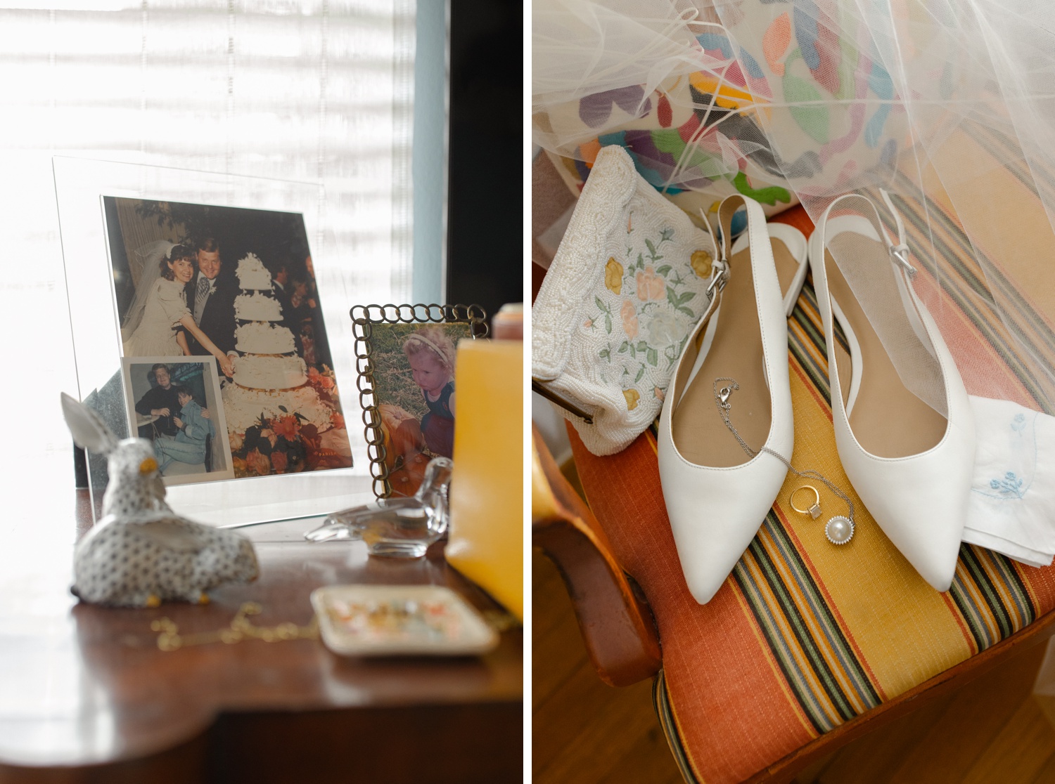 Flatlay of white slingback heels and a floral beaded clutch purse