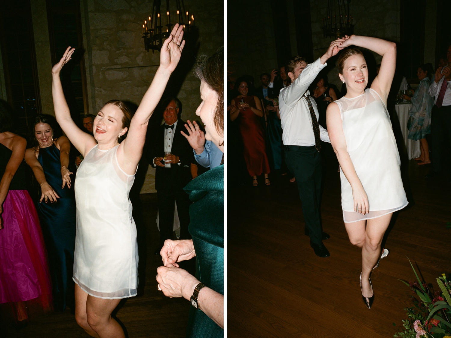 Bride wearing a silver mini dress and dancing at her wedding reception