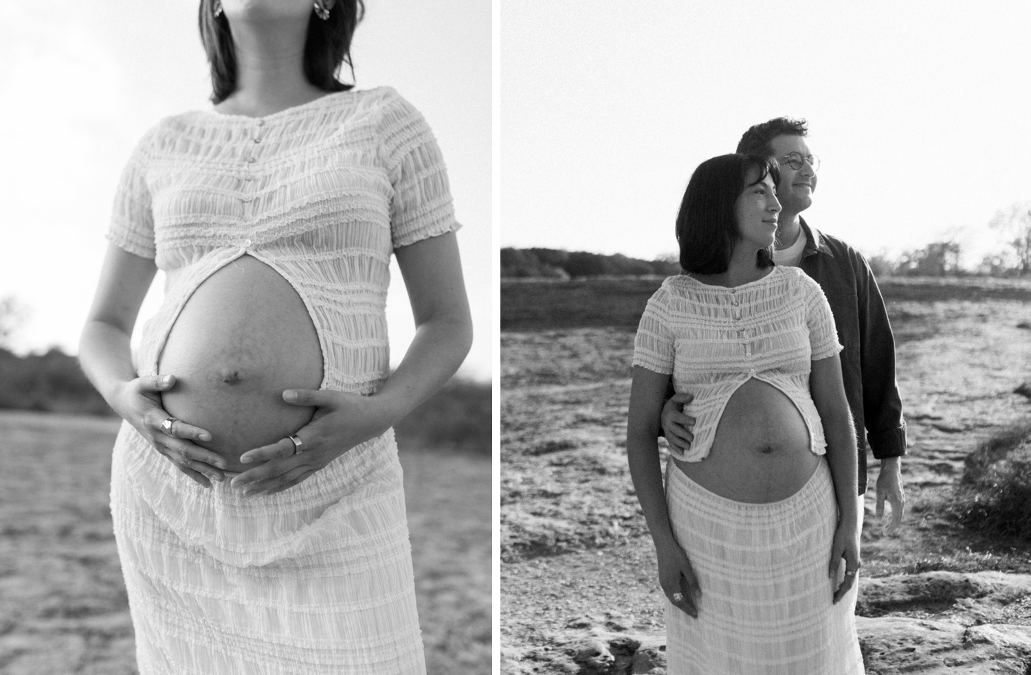 Pregnant woman cradling her baby bump during her Austin maternity session