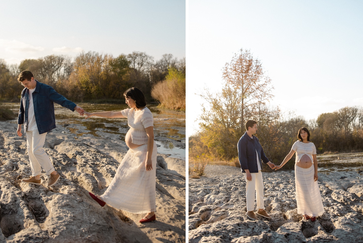 A couple walking through a rock field at McKinney Falls in Austin, TX, during their maternity session