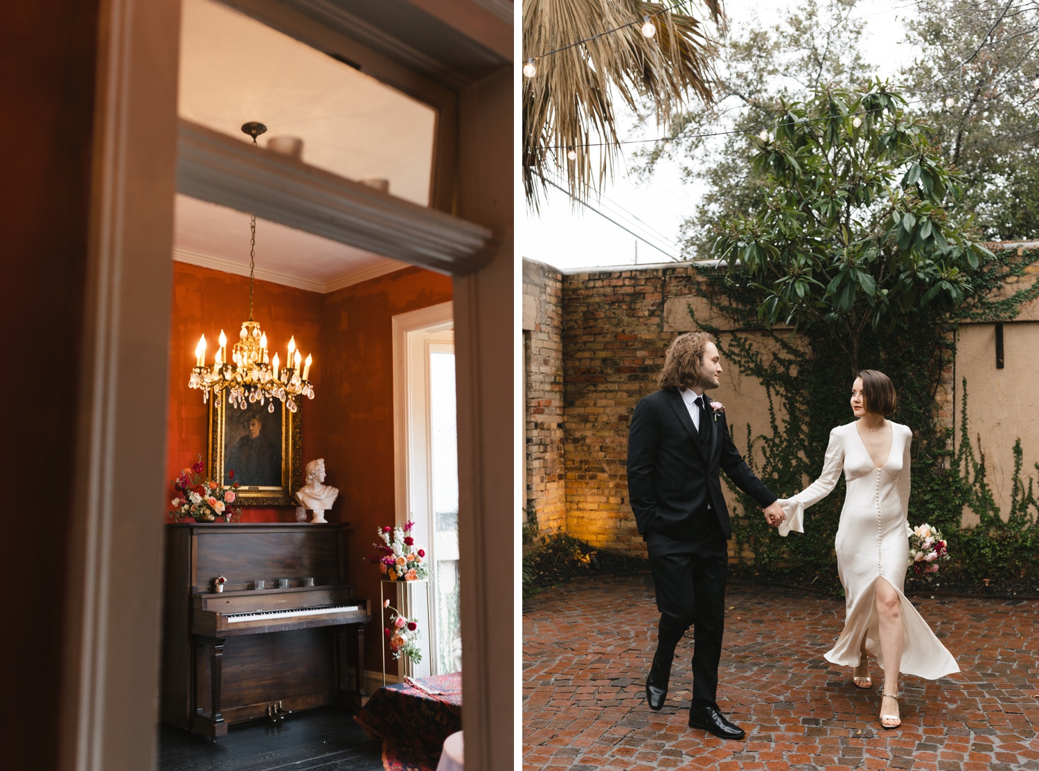 Bride and groom in the courtyard, Justine's Secret House