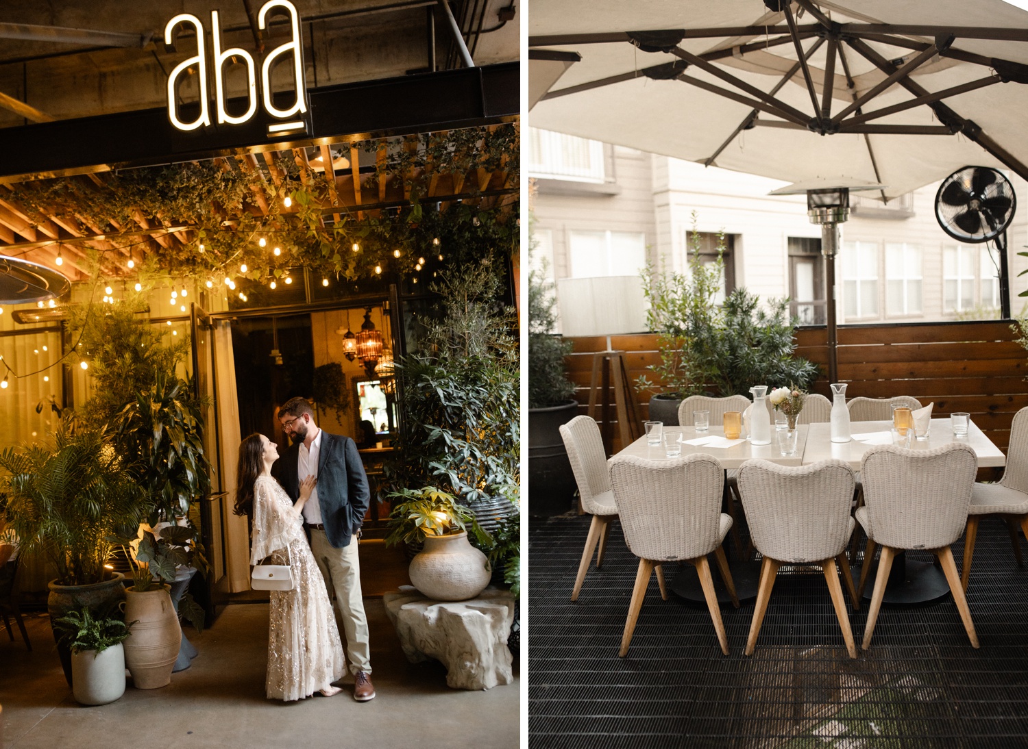 Bride and groom in front of the Aba Austin entrance