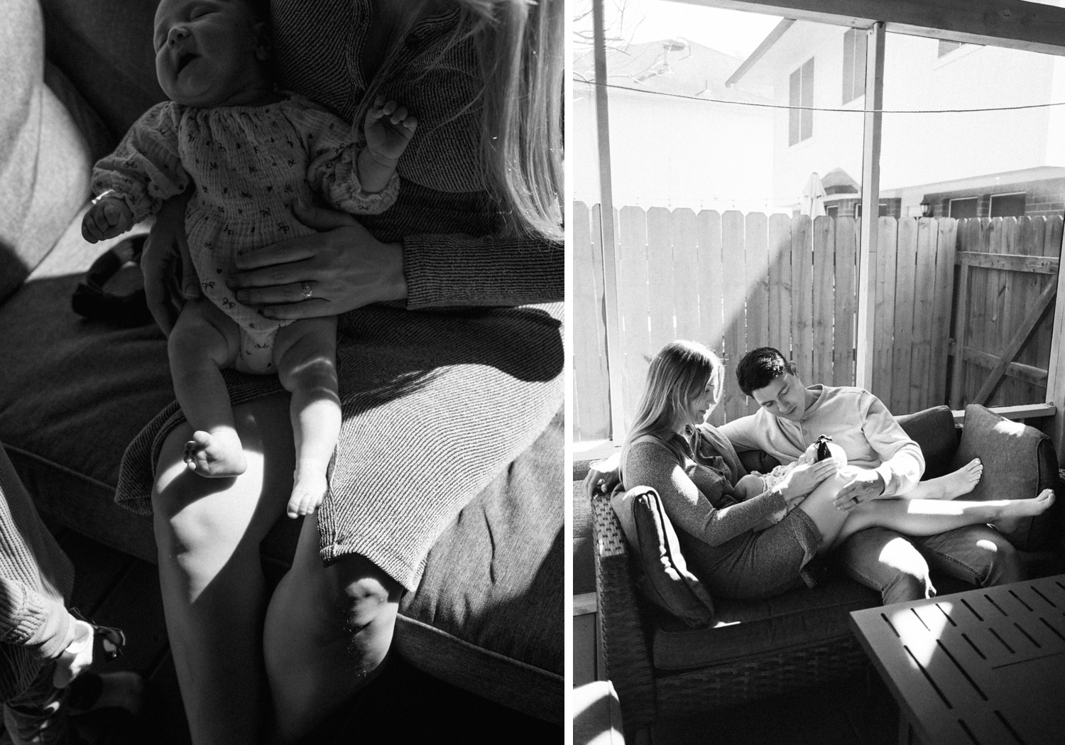 Black and white family portraits from an Austin at-home newborn session
