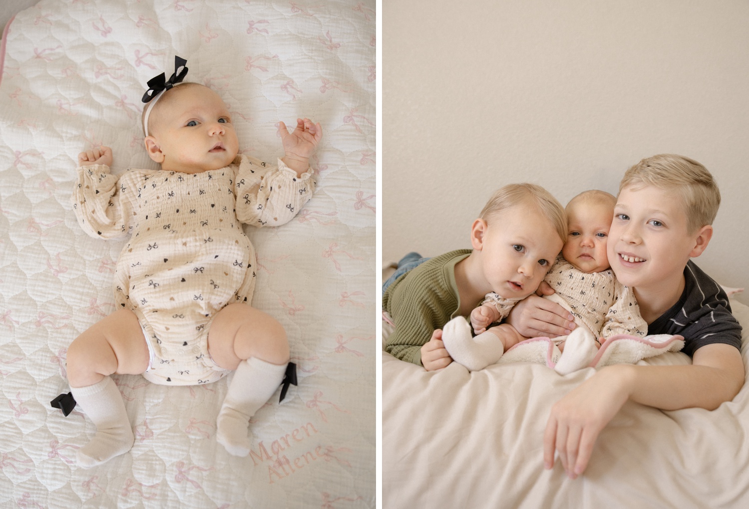 Siblings cuddling with baby sister during an in-home maternity and newborn bundle session