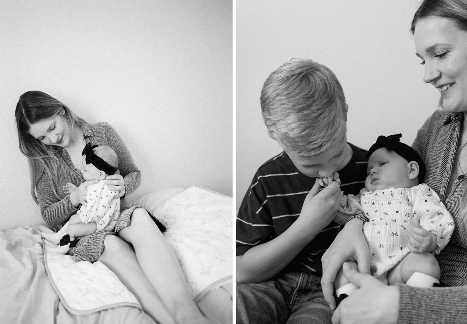 Black and white family portraits from an Austin at-home newborn session
