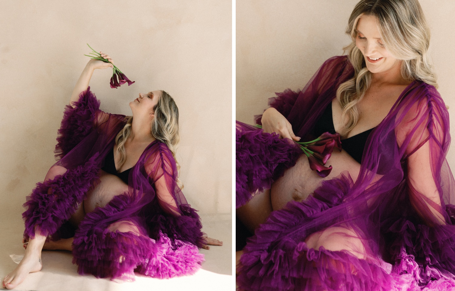Mother posing in a natural light studio during her maternity and newborn bundle session in Austin