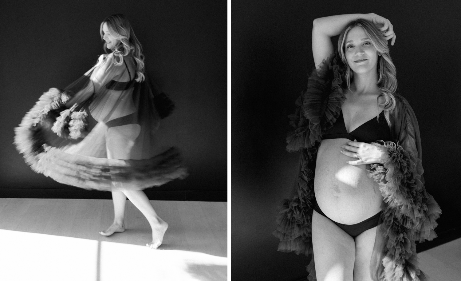 Black and white maternity portraits in a natural light studio in Austin