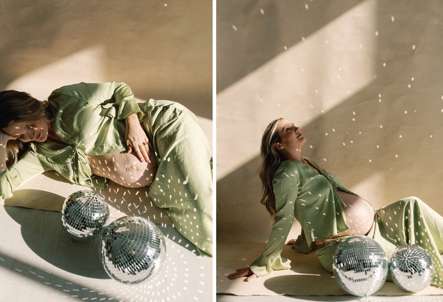 Maternity session in a natural light studio in Austin with disco ball props