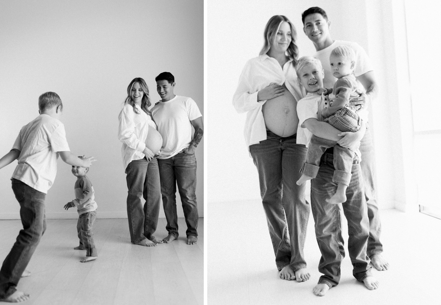 Black and white family maternity portraits in a natural light studio in Austin