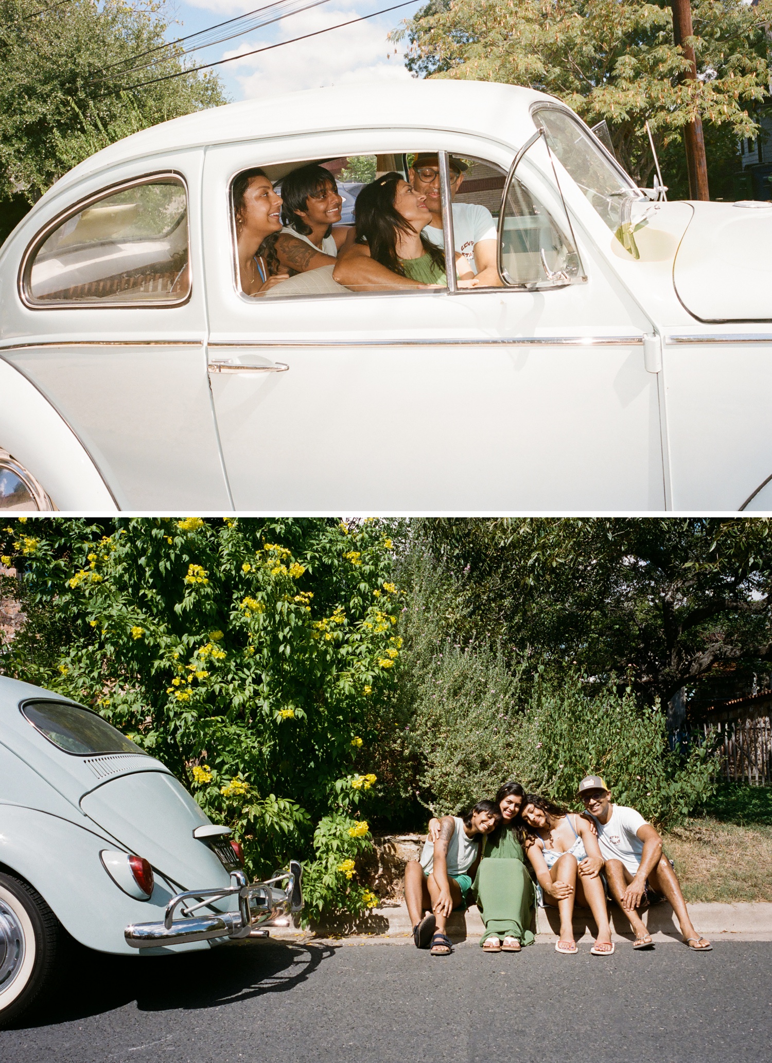 Family portraits in vintage VW Bug