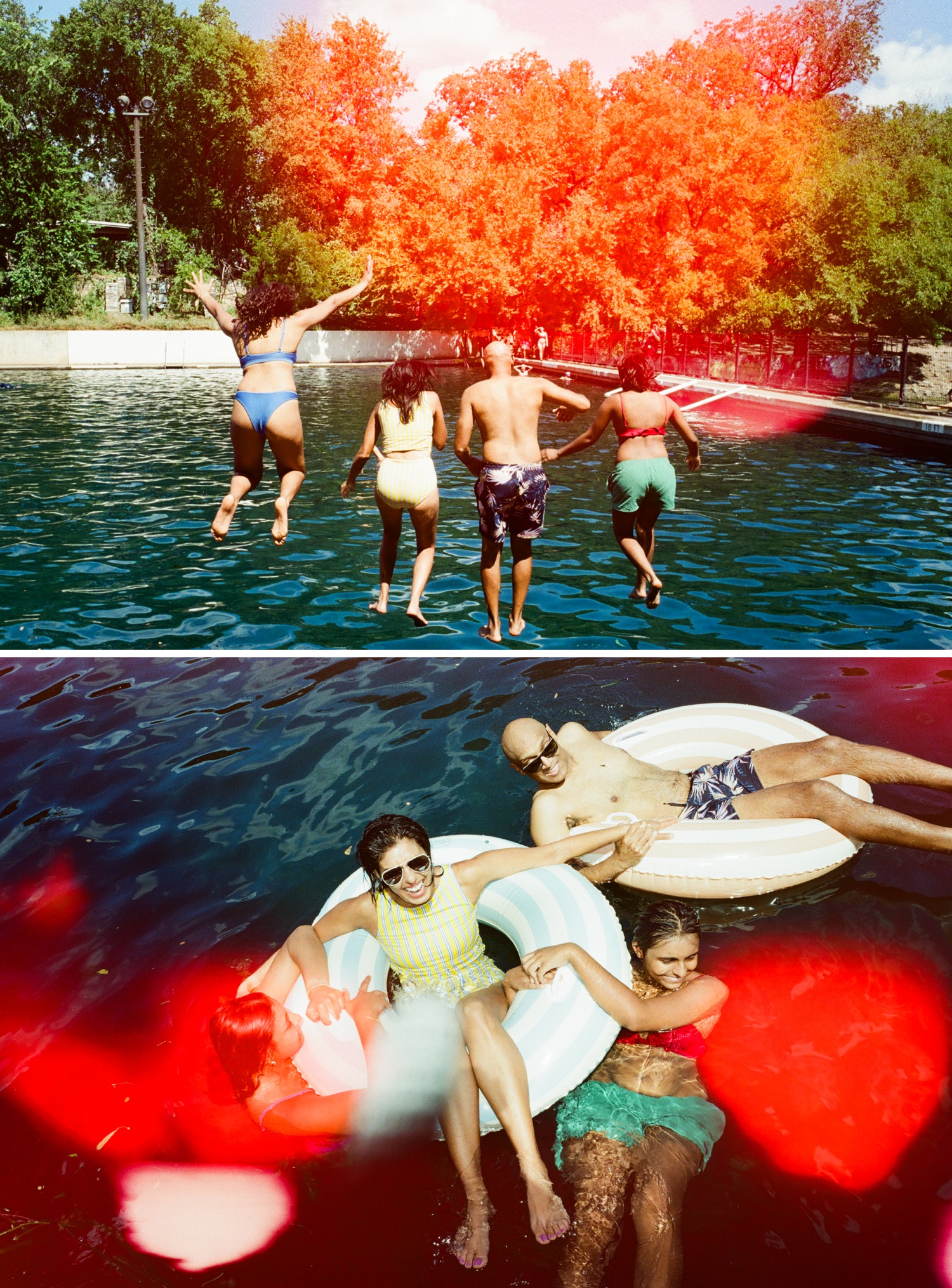 Family jumping into the water at Barton Springs