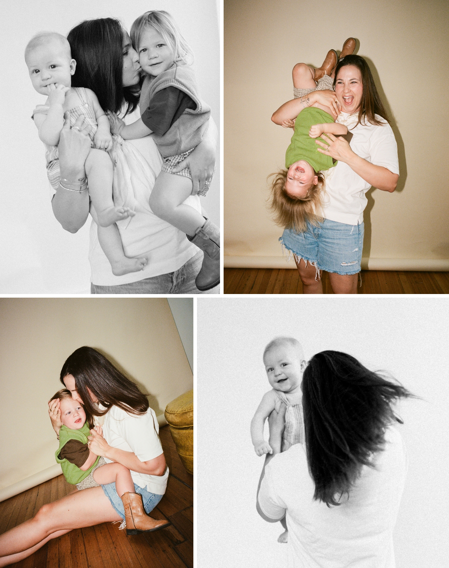 A mother and kids at a photo session, in casual outfits