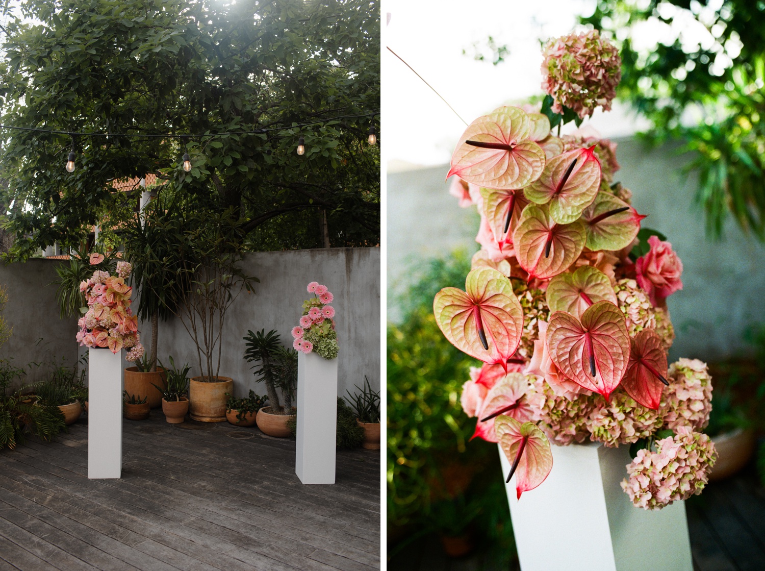White pedestal with pink anthurium flowers, colorful outdoor wedding decor