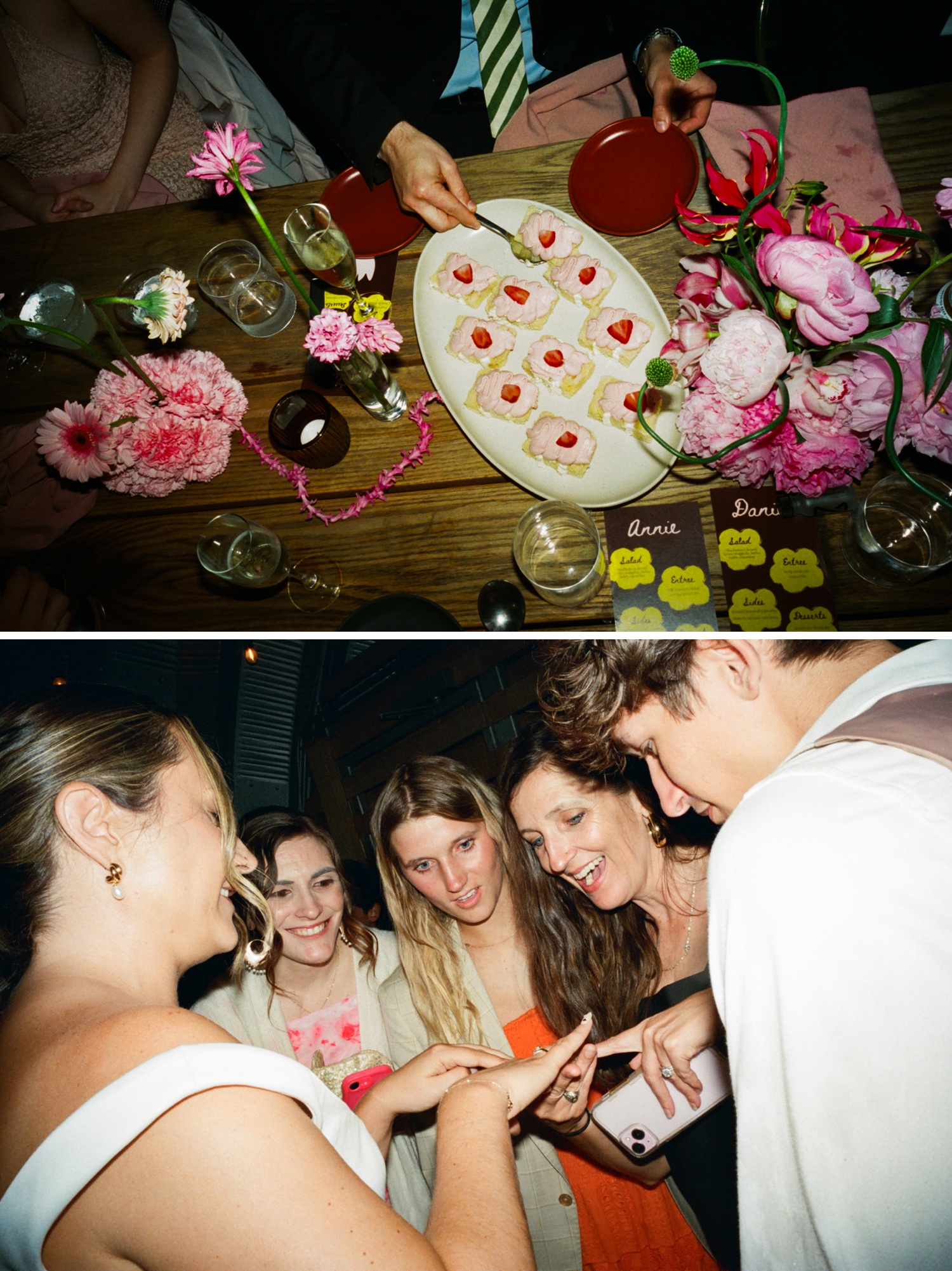 Wedding guests admiring bride's ring