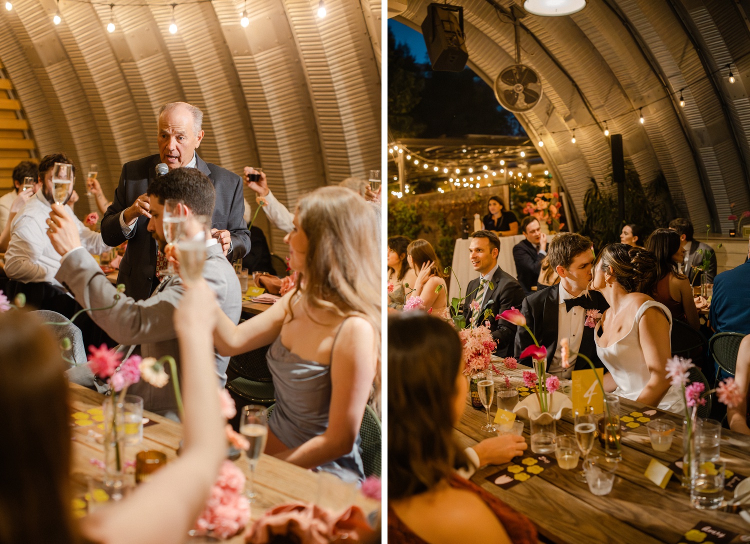 Bride and groom kissing during the toasts at their wedding reception