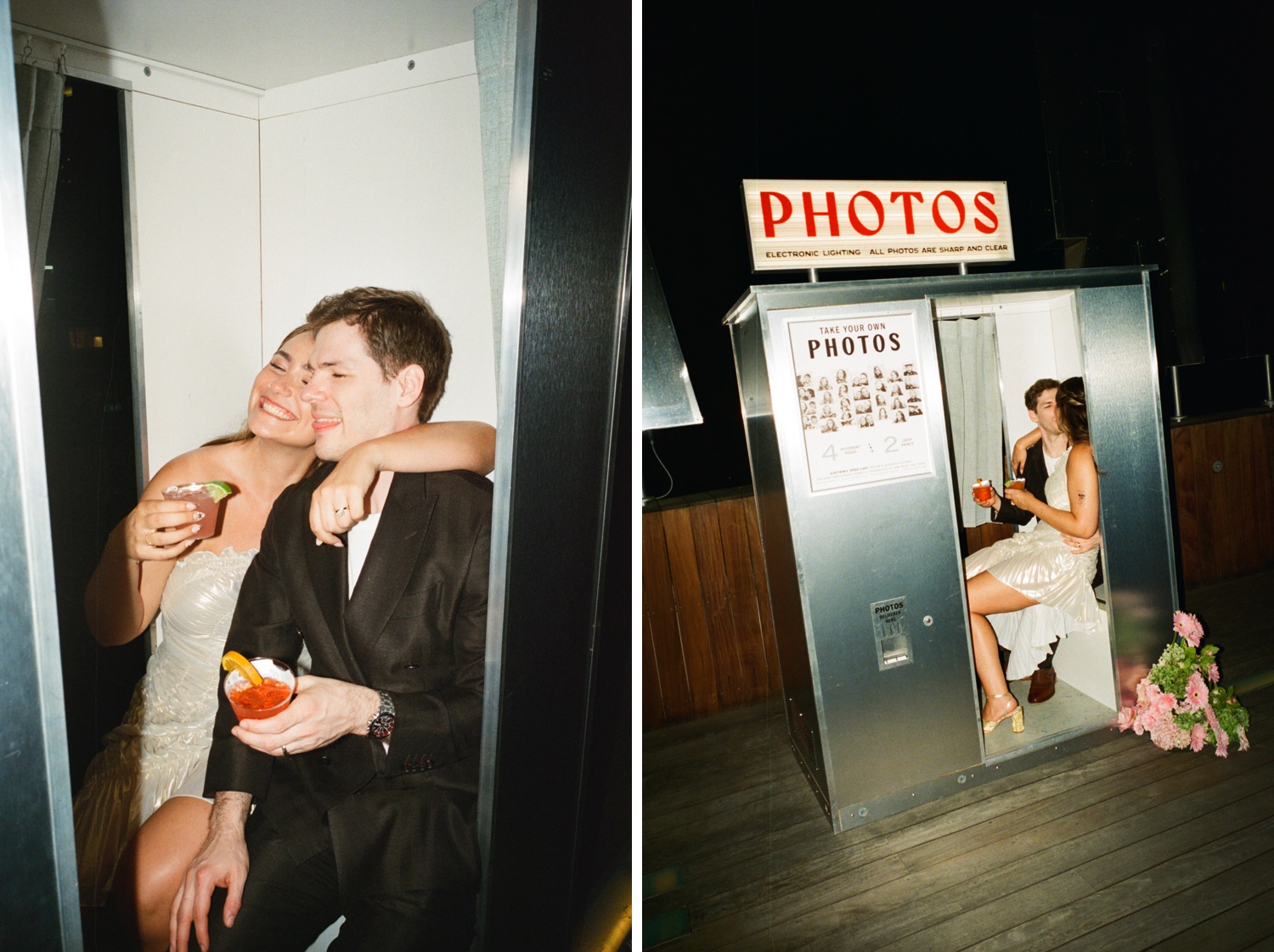 Bride and groom in the photo booth at their wedding reception