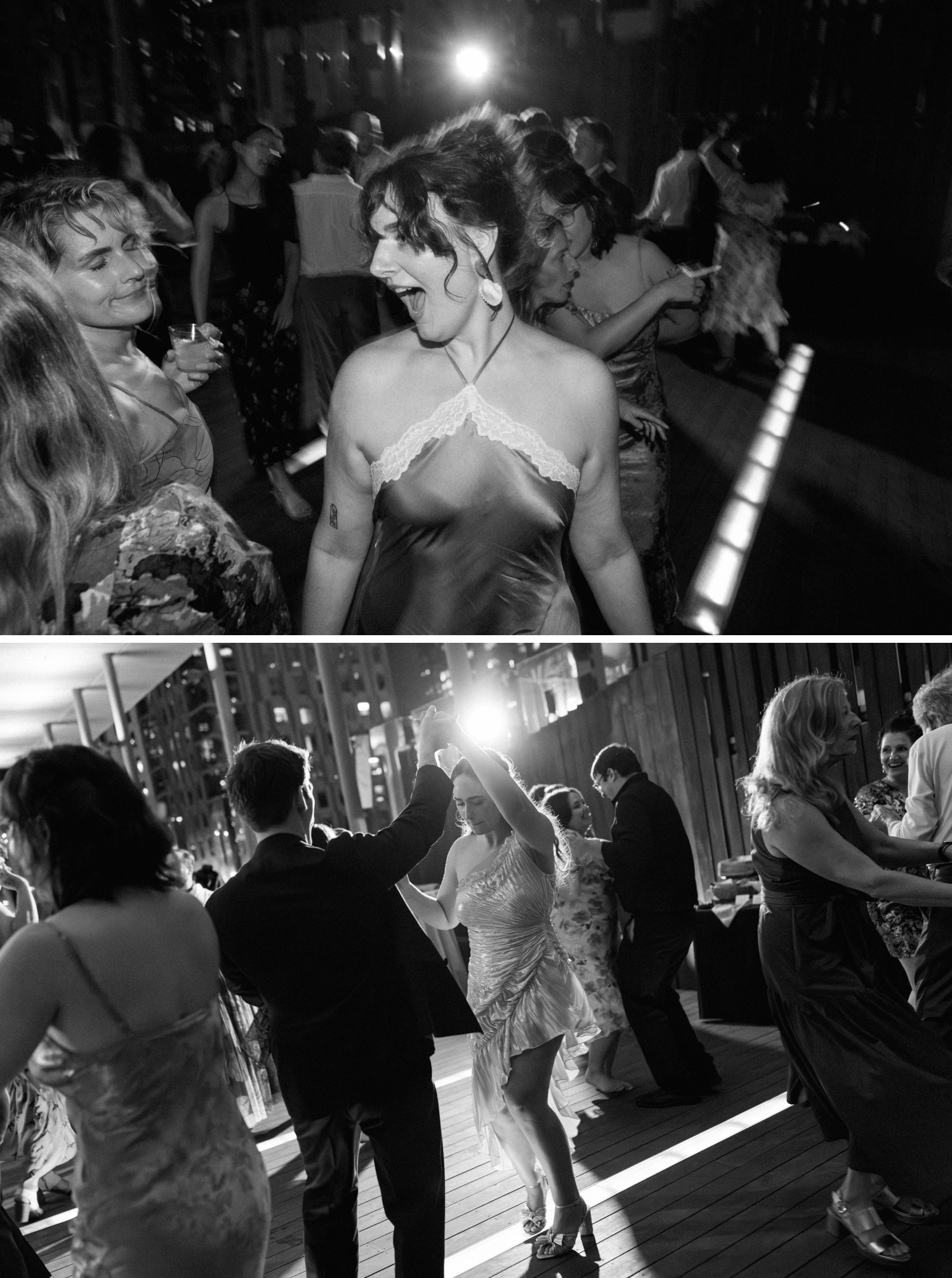 Wedding guests dancing on the rooftop of the Jones Center, Austin, TX