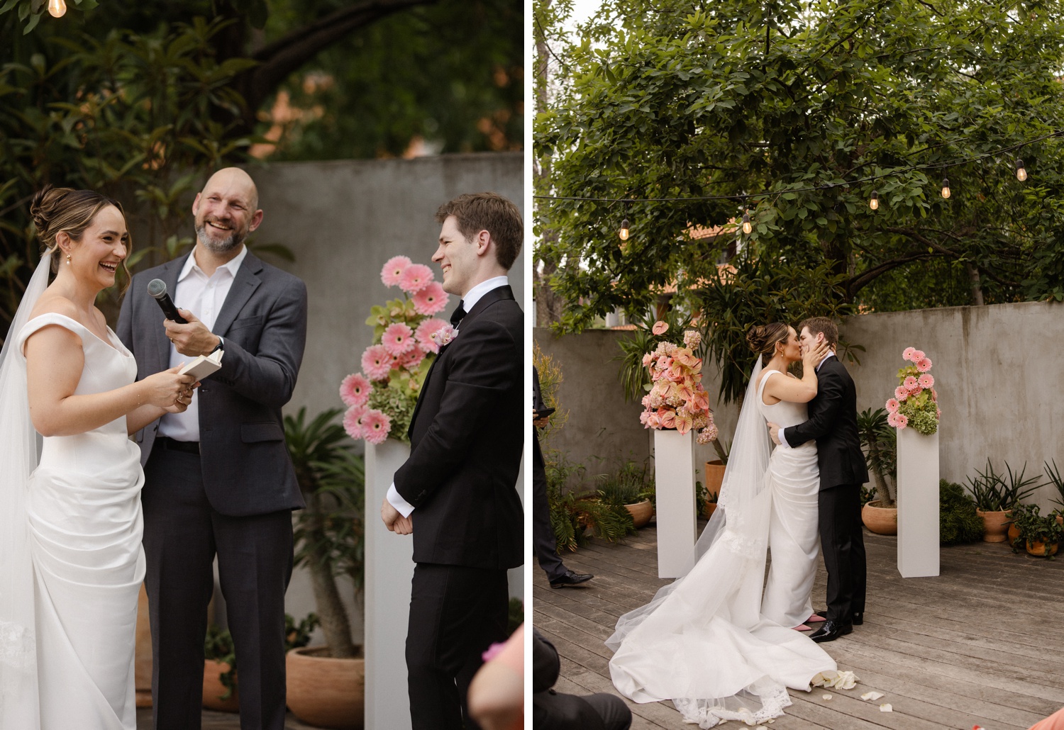 Bride and groom sharing first kiss, Austin wedding ceremony