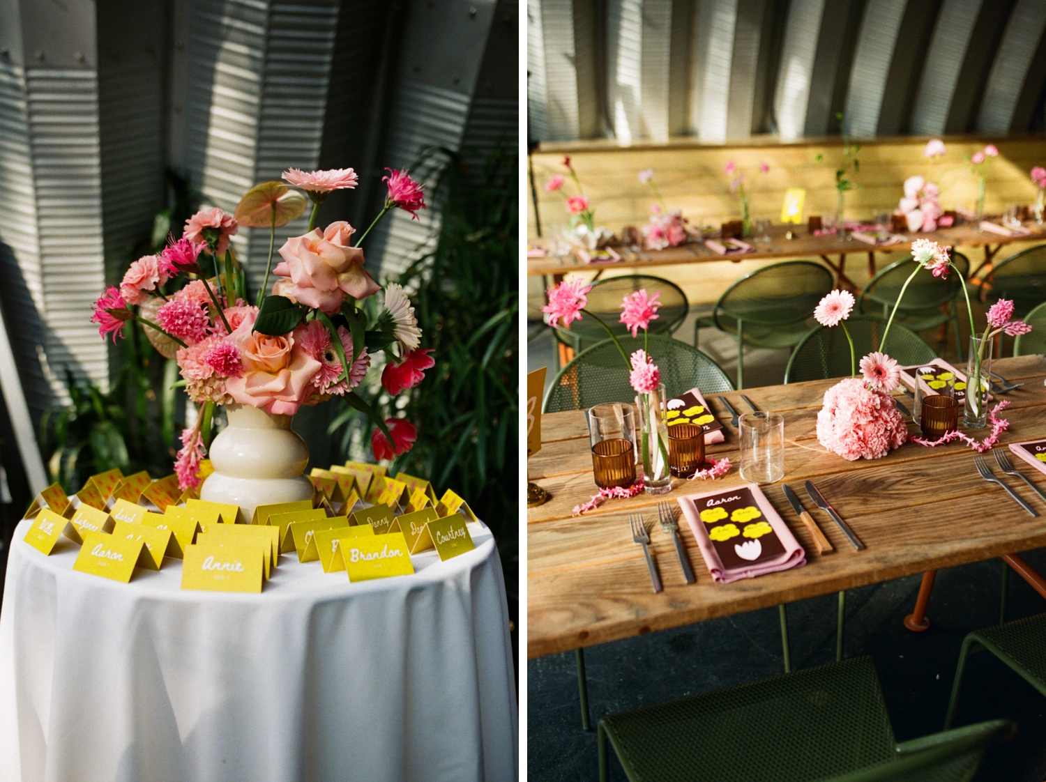 Colorful pink and yellow decor for an Austin wedding reception