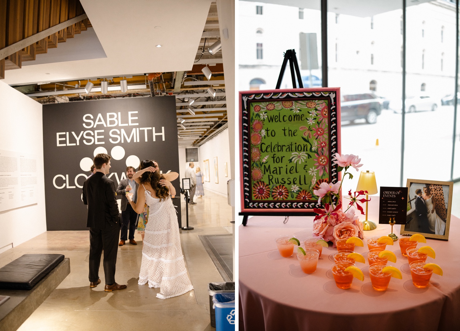 Bride and groom greeting guests at the Jones Center