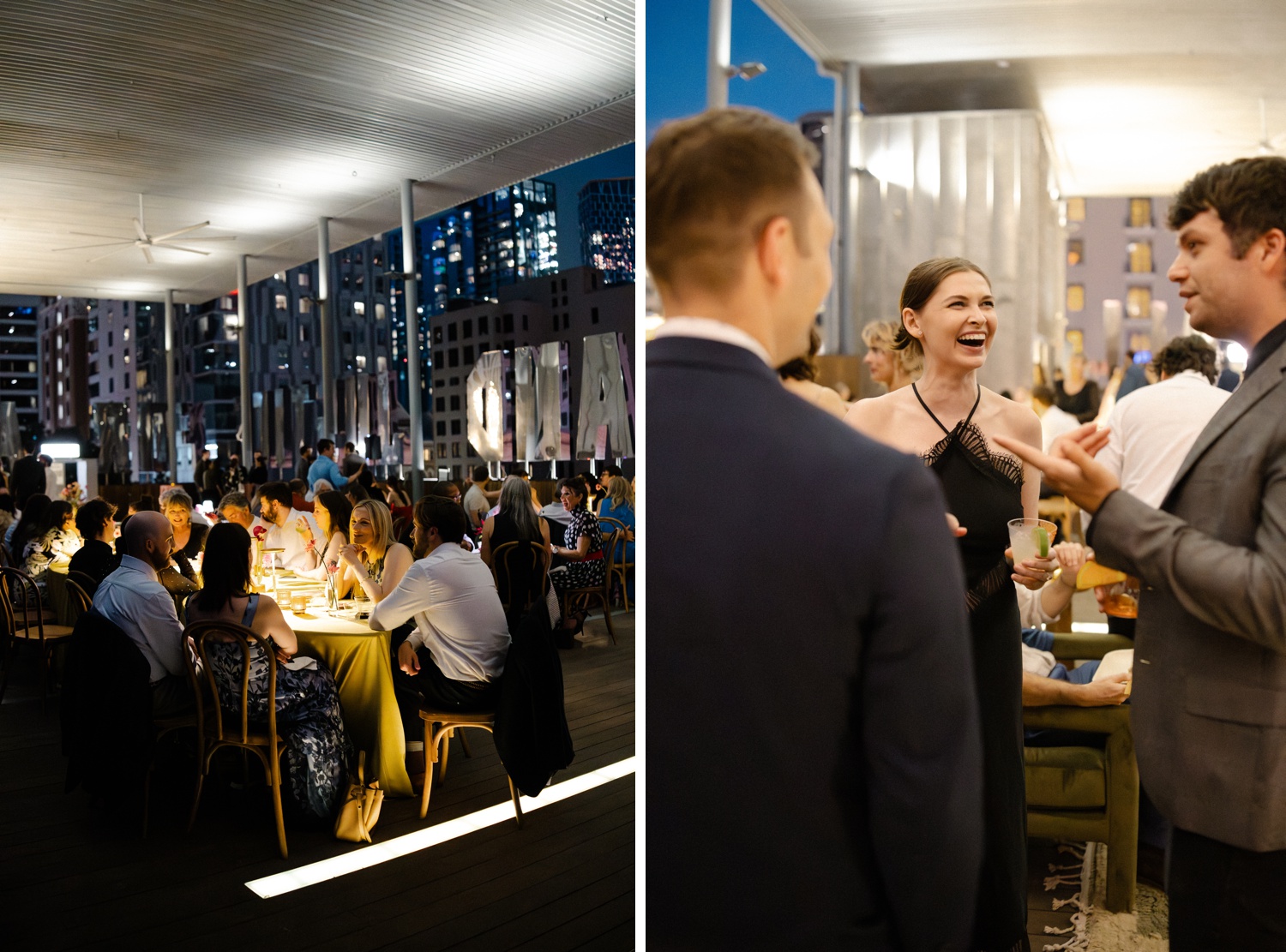 Wedding guests dining on the rooftop of the Jones Center, Austin, TX