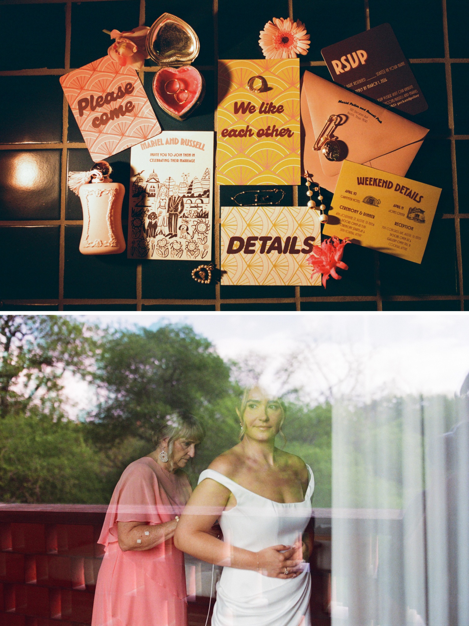 Retro inspired wedding invitation flatlay