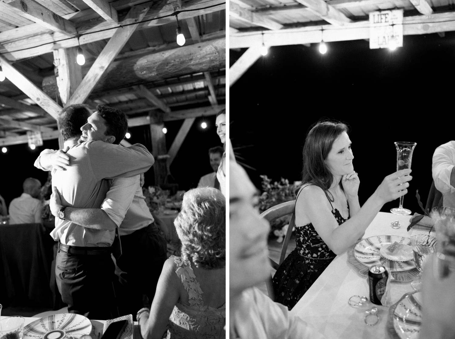 Groom embracing wedding guest